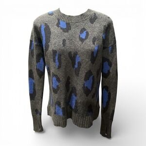 Athleta Wool Cashmere Leopard Animal Print Sweater Blue Gray Thumbholes S